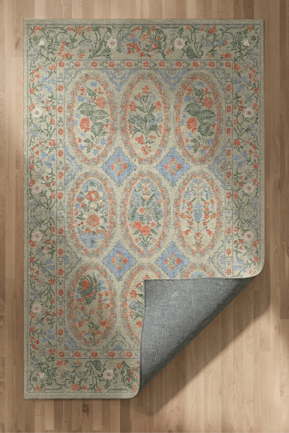 Floris 235 Bej Yeşil Mavi Çiçekli Bordürlü Eskitme Desenli Dokuma Şönil Bohem Vintage Oda Halısı