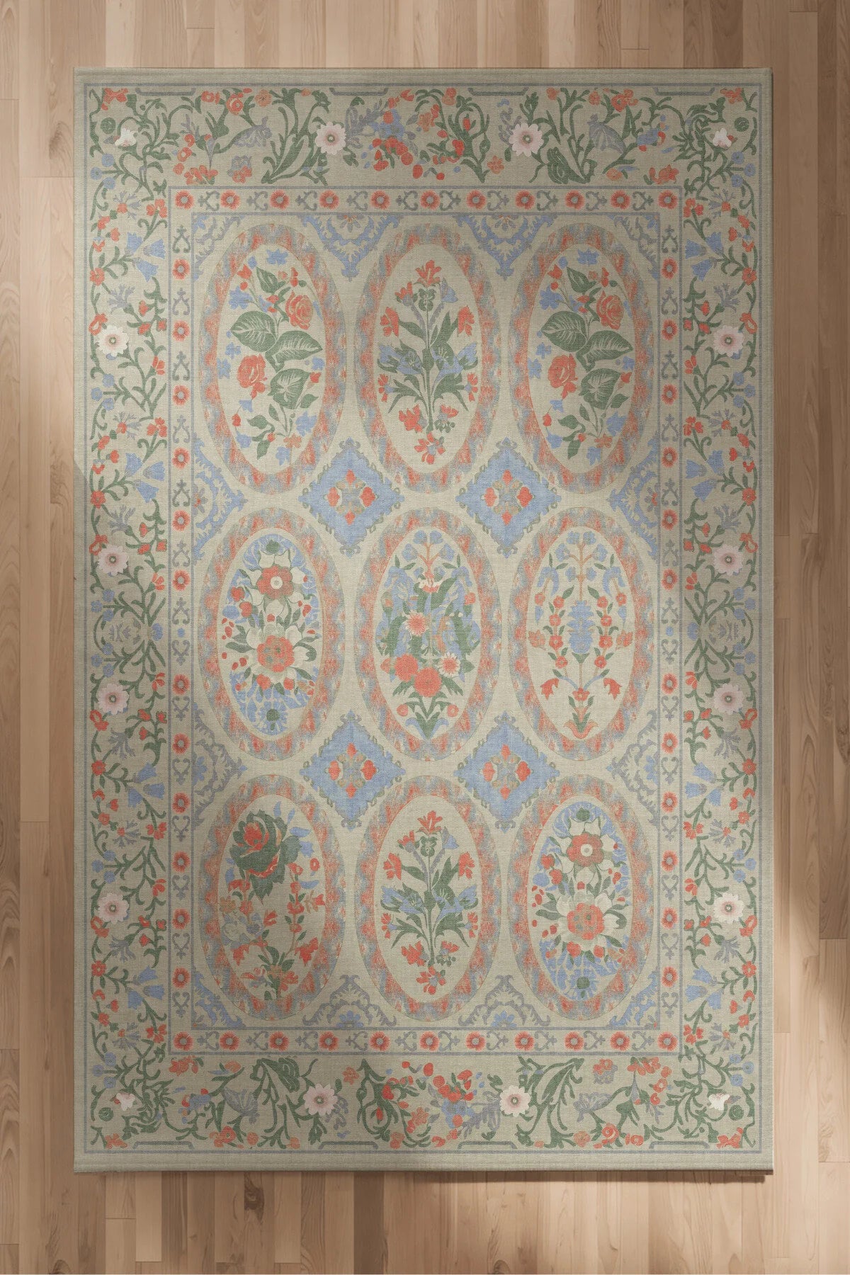 Floris 235 Bej Yeşil Mavi Çiçekli Bordürlü Eskitme Desenli Dokuma Şönil Bohem Vintage Oda Halısı