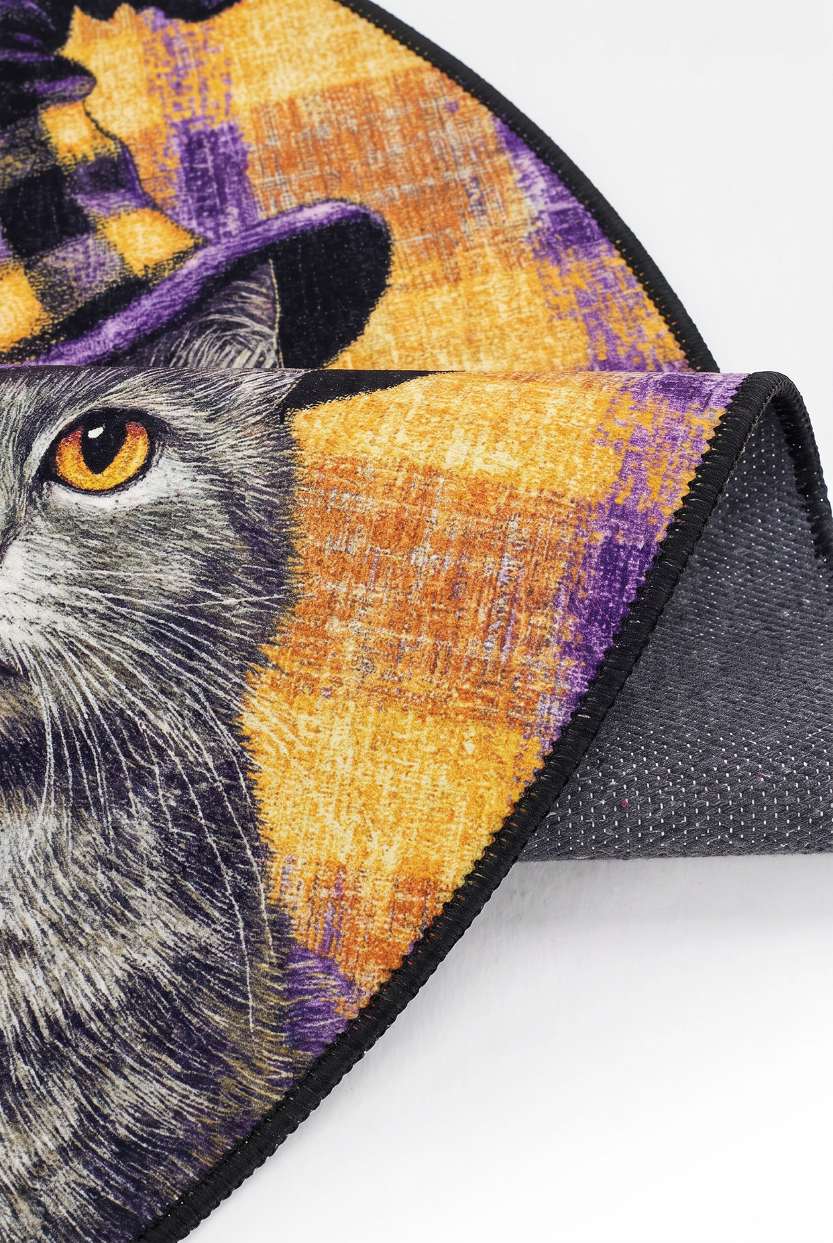 Cadı Şapkalı Kedi Desenli Yuvarlak Halı Mor Sarı Şönil Dokulu Dekoratif Halı