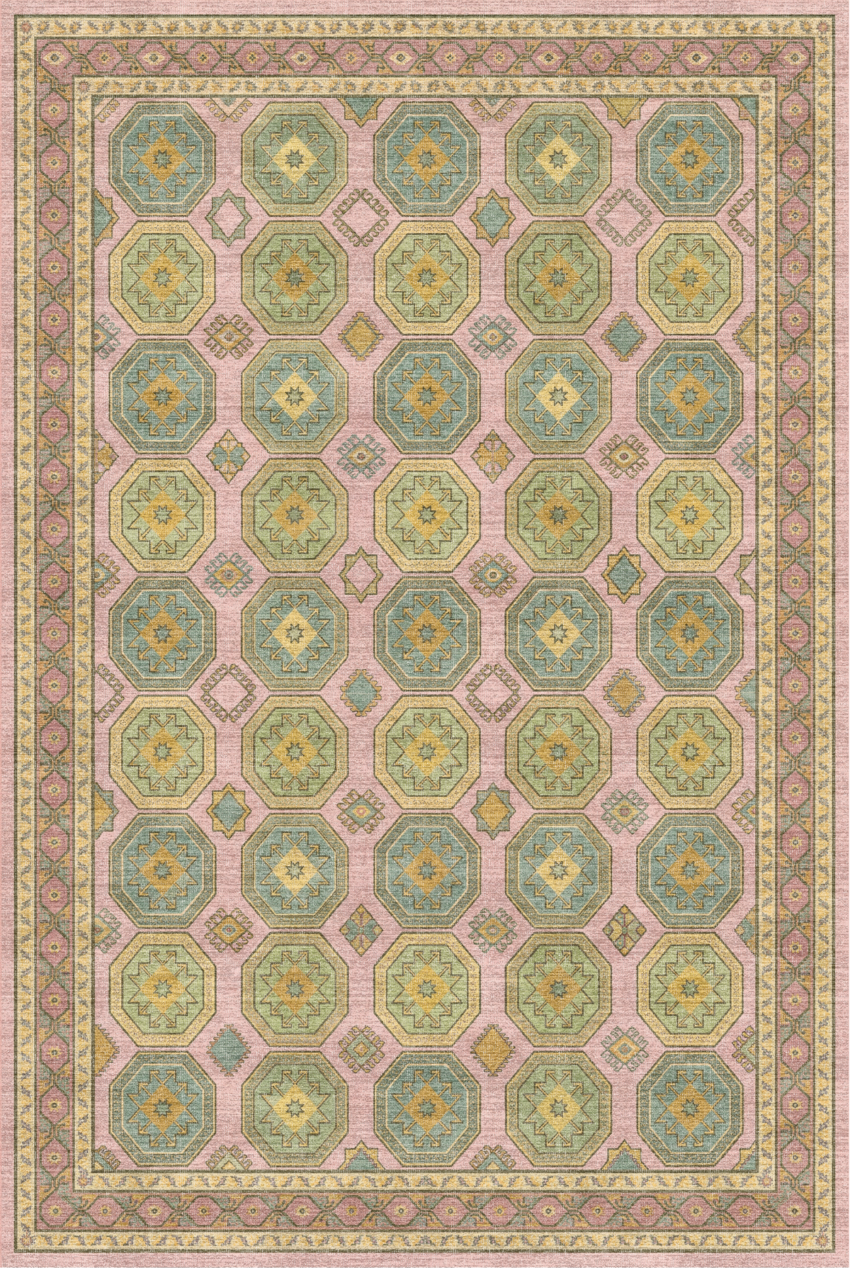 Arteluna Home Ayzen 15 Pembe Yeşil Sarı Etnik Geometrik Desenli Vintage Halı