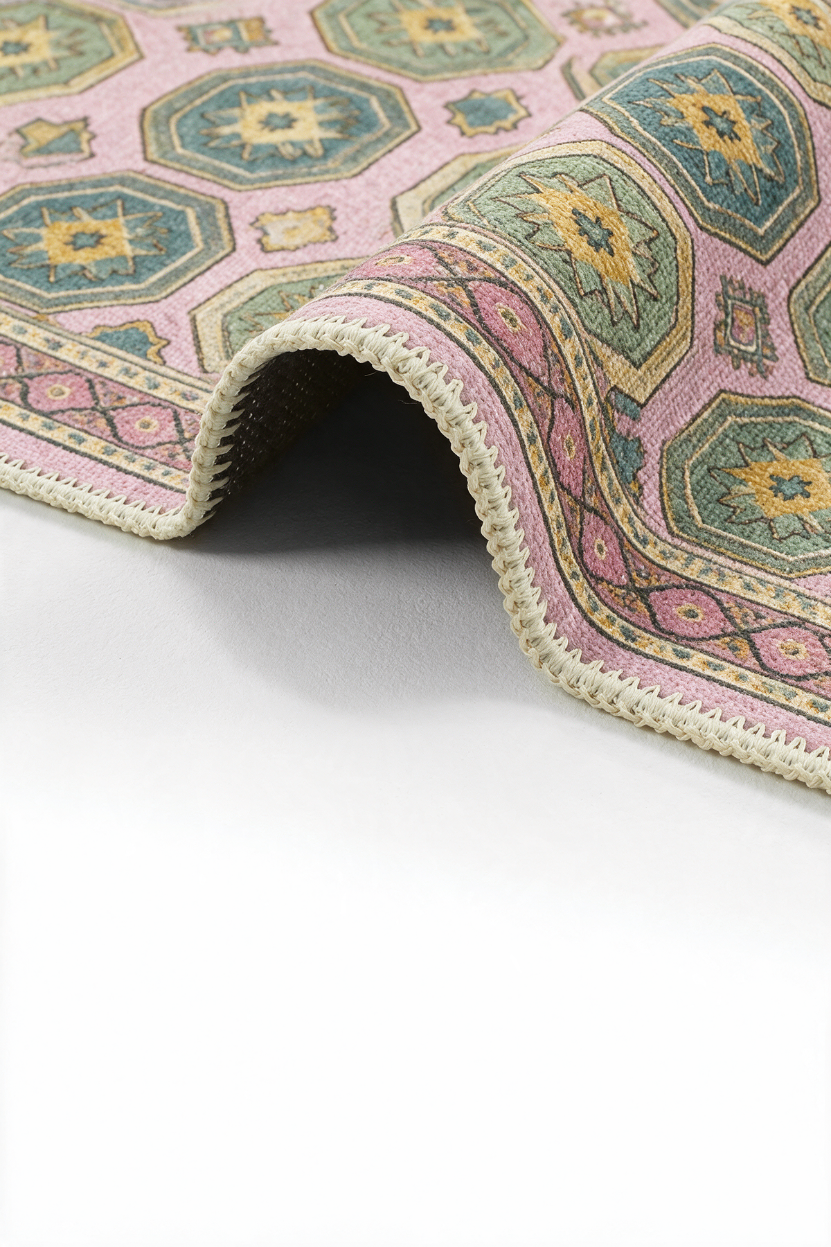 Arteluna Home Ayzen 15 Pembe Yeşil Sarı Etnik Geometrik Desenli Vintage Halı