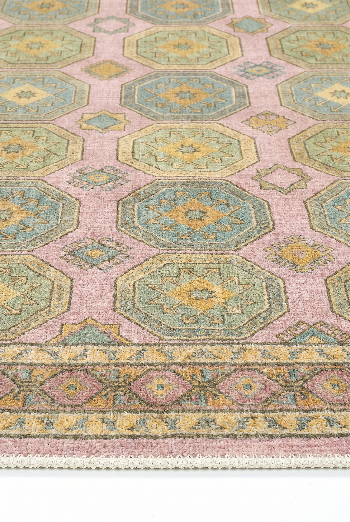 Arteluna Home Ayzen 15 Pembe Yeşil Sarı Etnik Geometrik Desenli Vintage Halı