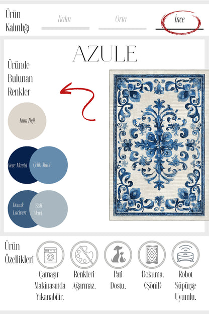 Azule 700 Mavi Beyaz Bleu Blanc Tasarım Halı Yıkanabilir İnce Dokuma Salon Ev Oturma Odası Halısı