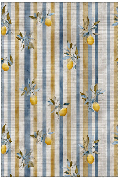 Capri 352 Çizgili Bej Limon Tasarım Modern Yıkanabilir Halı Mutfak Ev Oda Salon Oturma Odası Halısı