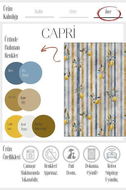 Capri 352 Çizgili Bej Limon Tasarım Modern Yıkanabilir Halı Mutfak Ev Oda Salon Oturma Odası Halısı