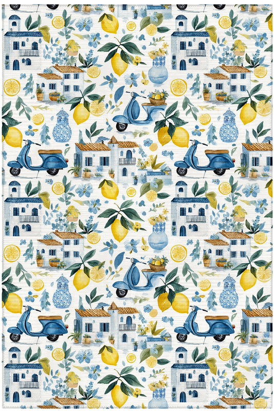 Capri 351 Blue Blanc Mavi Bej Limon Ev Tasarım Modern Yıkanabilir Halı Koridor Hol Oda Ev Halısı