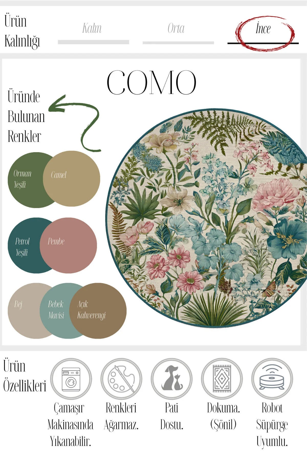 Como 01 Çok Renkli Yuvarlak Bej Bahar Çiçekleri Desenli İnce Dokuma Taban Yıkanabilir Ev Alan Halısı