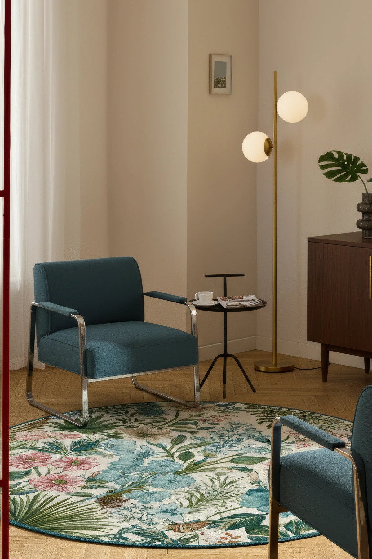 Como 01 Çok Renkli Yuvarlak Bej Bahar Çiçekleri Desenli İnce Dokuma Taban Yıkanabilir Ev Alan Halısı