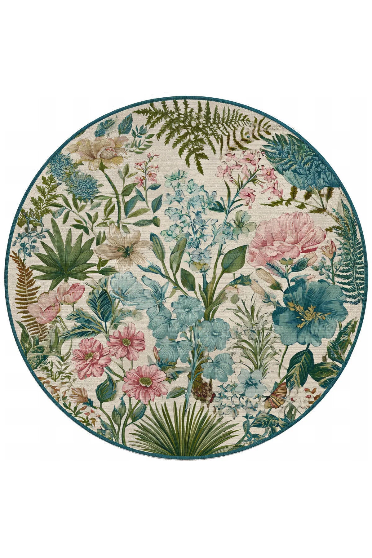 Como 01 Çok Renkli Yuvarlak Bej Bahar Çiçekleri Desenli İnce Dokuma Taban Yıkanabilir Ev Alan Halısı