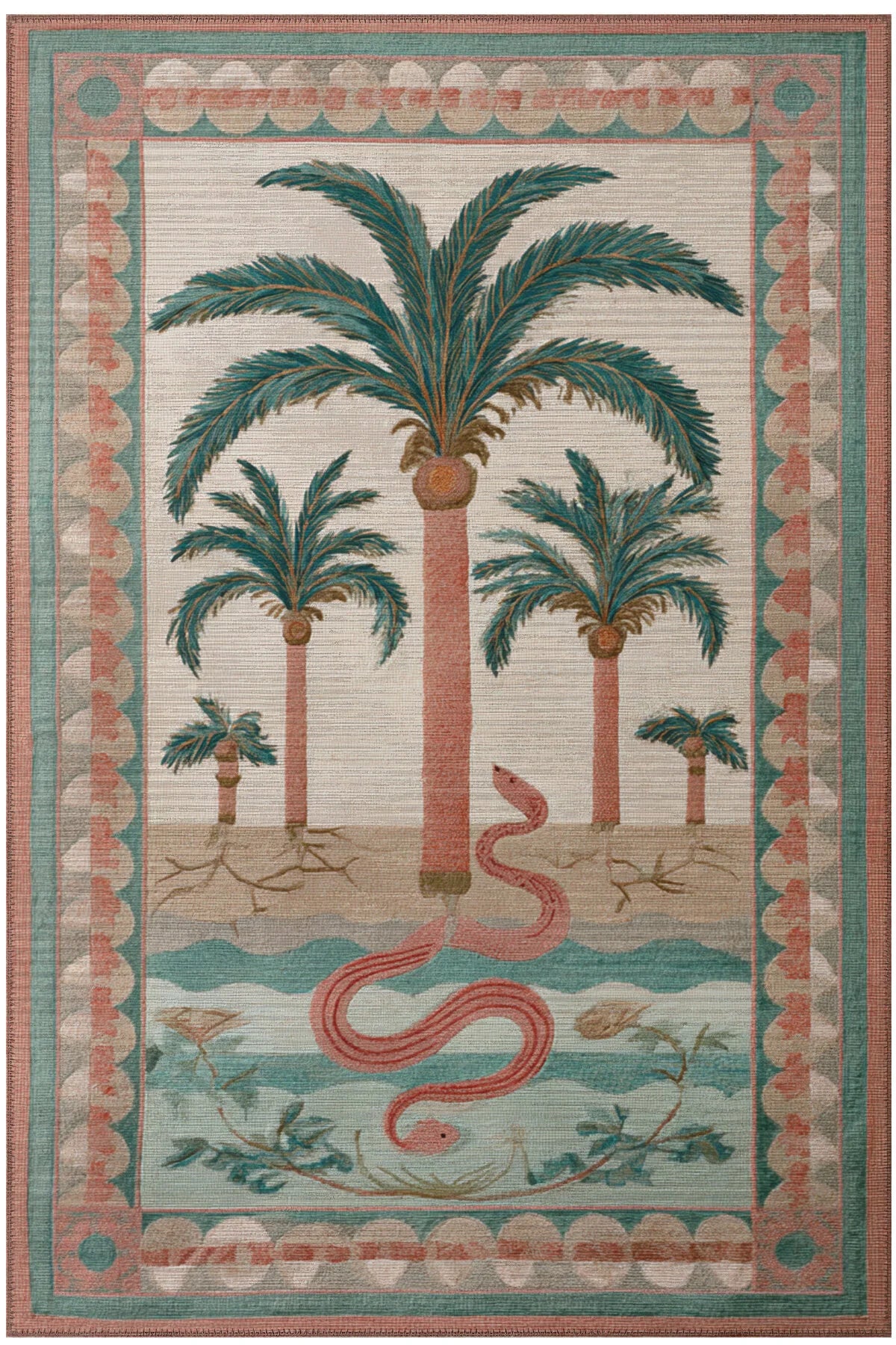 Palm 303 Yeşil Pembe Çok Renkli Halı Palmiyeli Makinada Yıkanabilir Modern Salon Oturma Odası Halısı