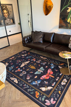 Fiora 218 Siyah Kelebekli Çiçekli Halı Tasarım Modern Oturma Odası İnce Yazlık Ev Oda Salon Halısı