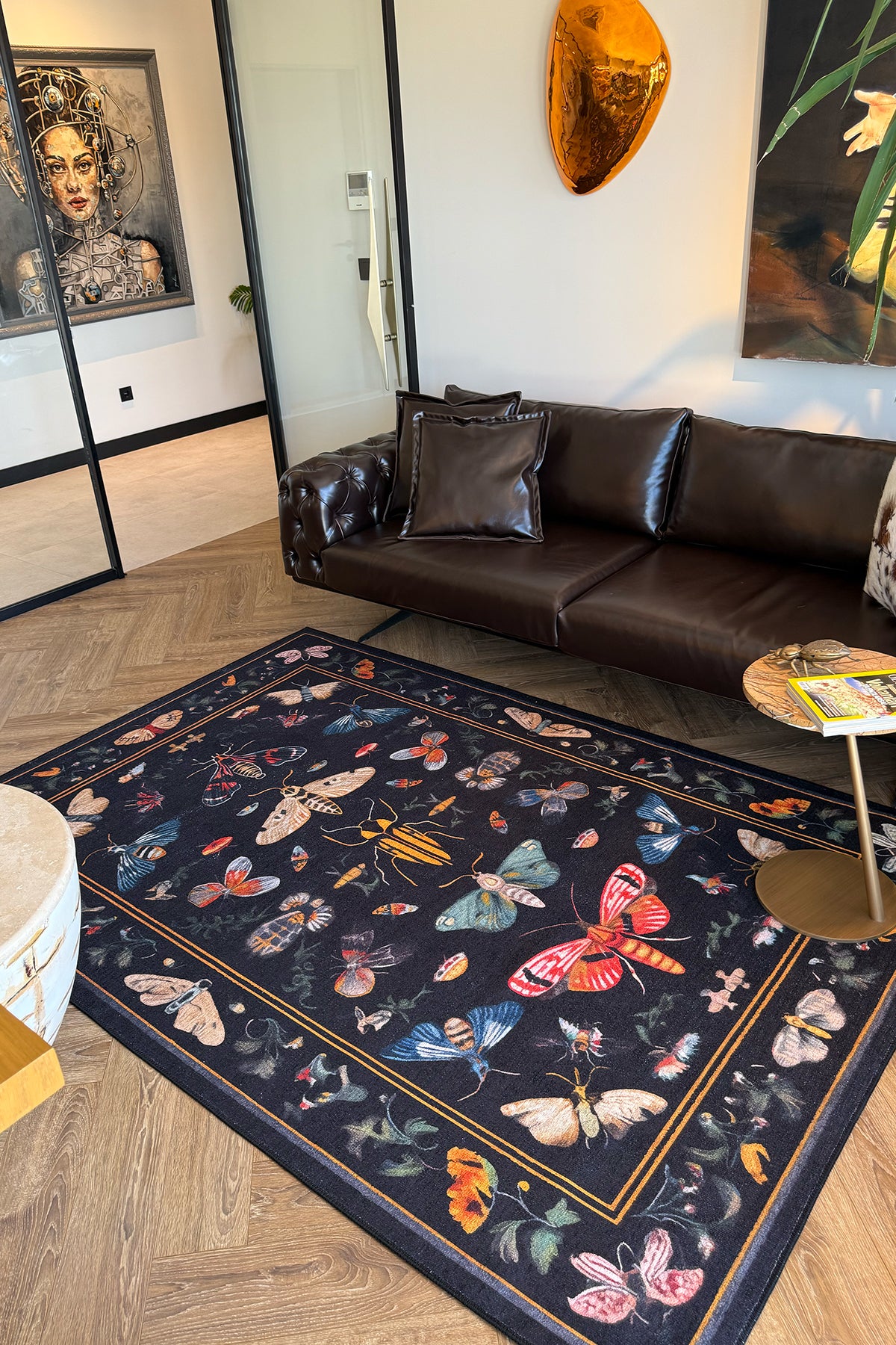 Fiora 218 Siyah Kelebekli Çiçekli Halı Tasarım Modern Oturma Odası İnce Yazlık Ev Oda Salon Halısı