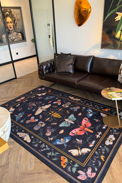 Fiora 218 Siyah Kelebekli Çiçekli Halı Tasarım Modern Oturma Odası İnce Yazlık Ev Oda Salon Halısı