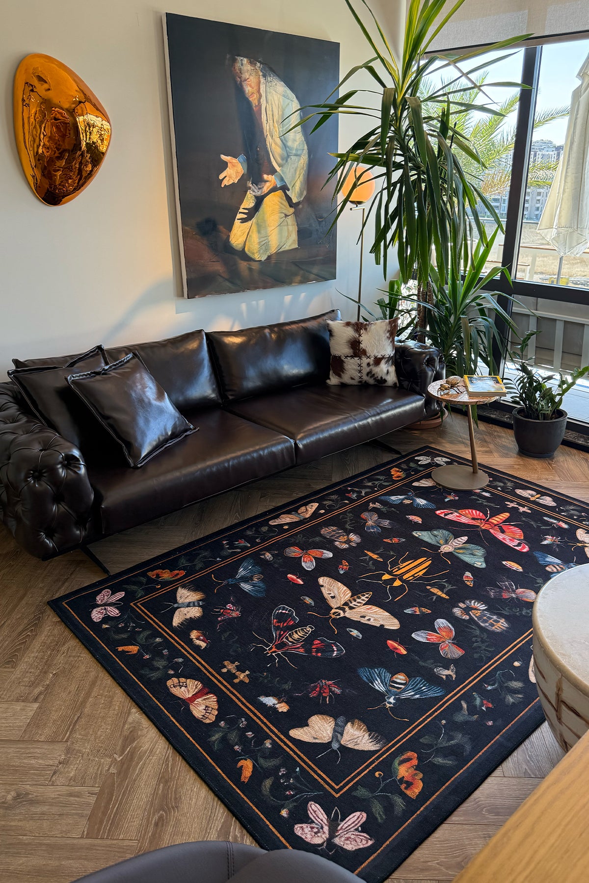 Fiora 218 Siyah Kelebekli Çiçekli Halı Tasarım Modern Oturma Odası İnce Yazlık Ev Oda Salon Halısı