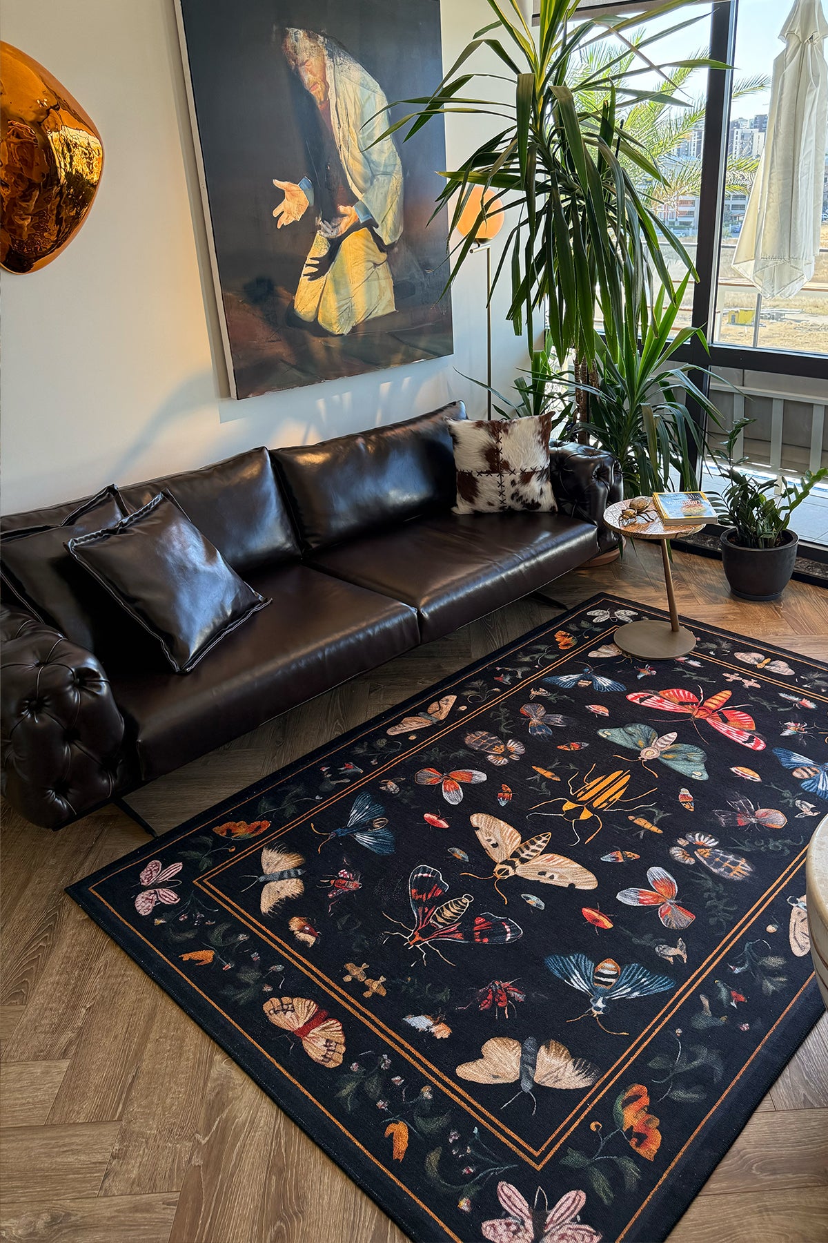 Fiora 218 Siyah Kelebekli Çiçekli Halı Tasarım Modern Oturma Odası İnce Yazlık Ev Oda Salon Halısı