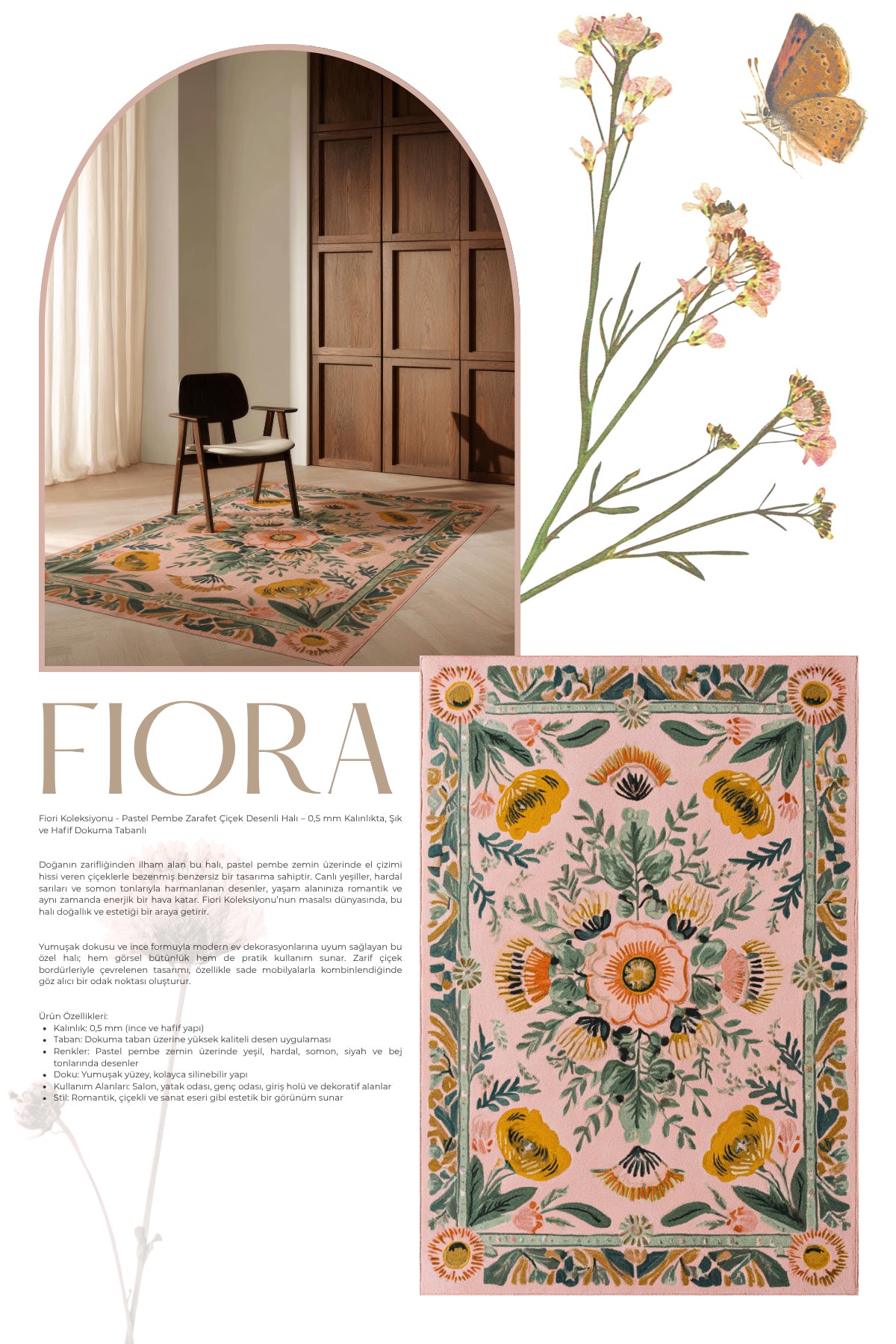 Fiora 217 Pembe Halı Pastel Tasarım Modern İnce Yazlık Halı Kilim Halı Salon Halısı Mutfak Halısı