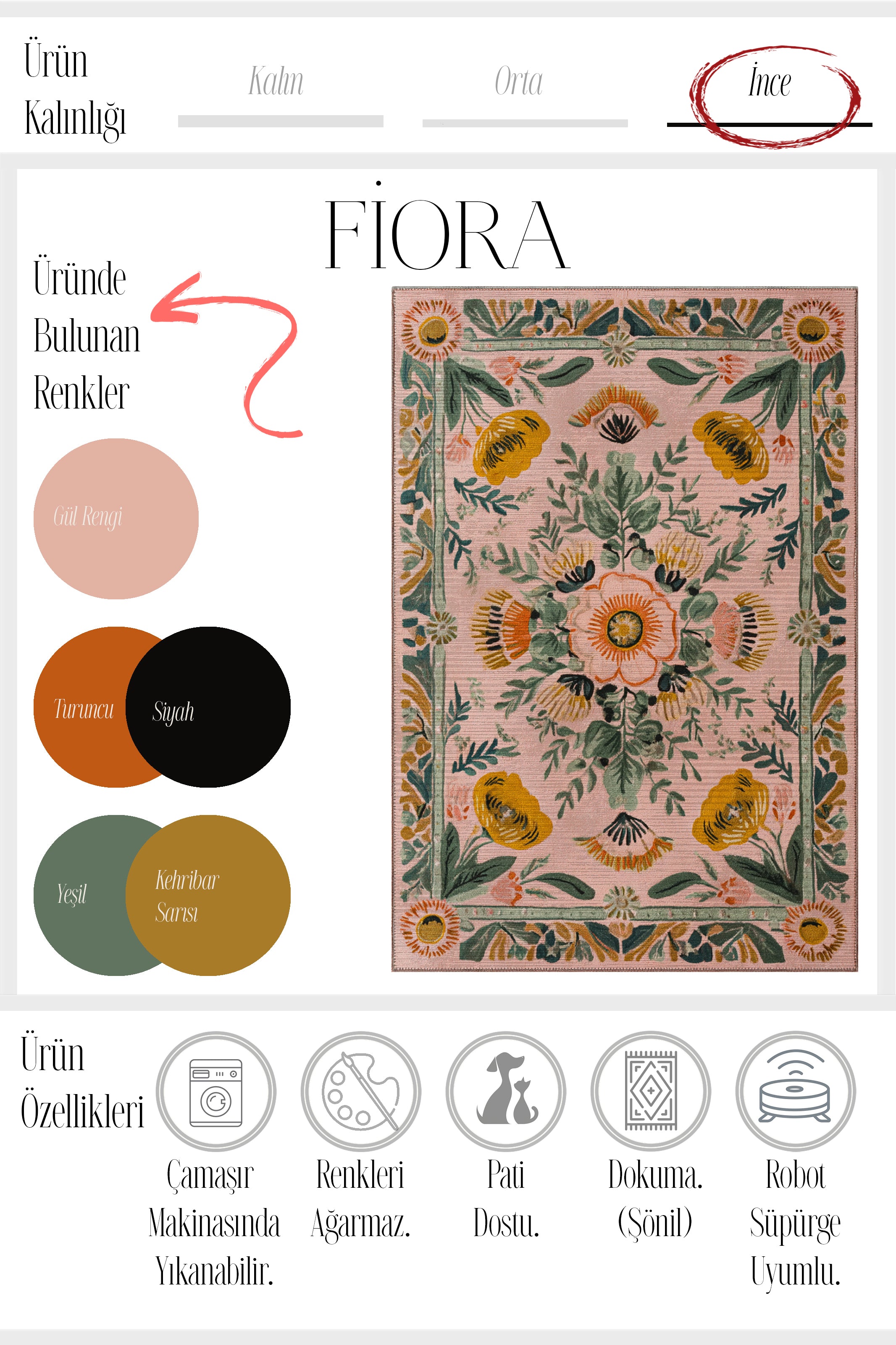 Fiora 217 Pembe Halı Pastel Tasarım Modern İnce Yazlık Halı Kilim Halı Salon Halısı Mutfak Halısı