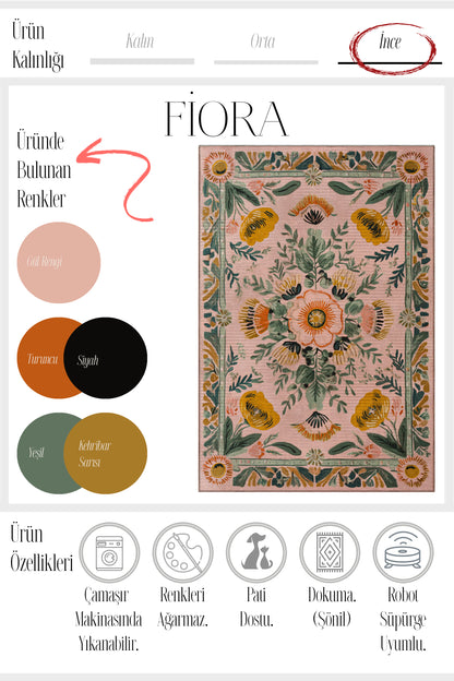 Fiora 217 Pembe Halı Pastel Tasarım Modern İnce Yazlık Halı Kilim Halı Salon Halısı Mutfak Halısı