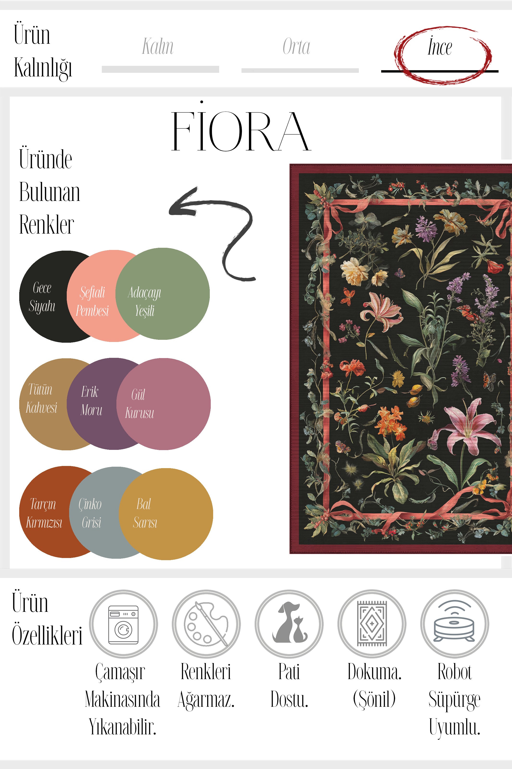 Fiora 225 Siyah Halı Çiçekli Halı Tasarım Halı Yıkanabilir İnce Dokuma Salon Ev Oturma Odası Halısı