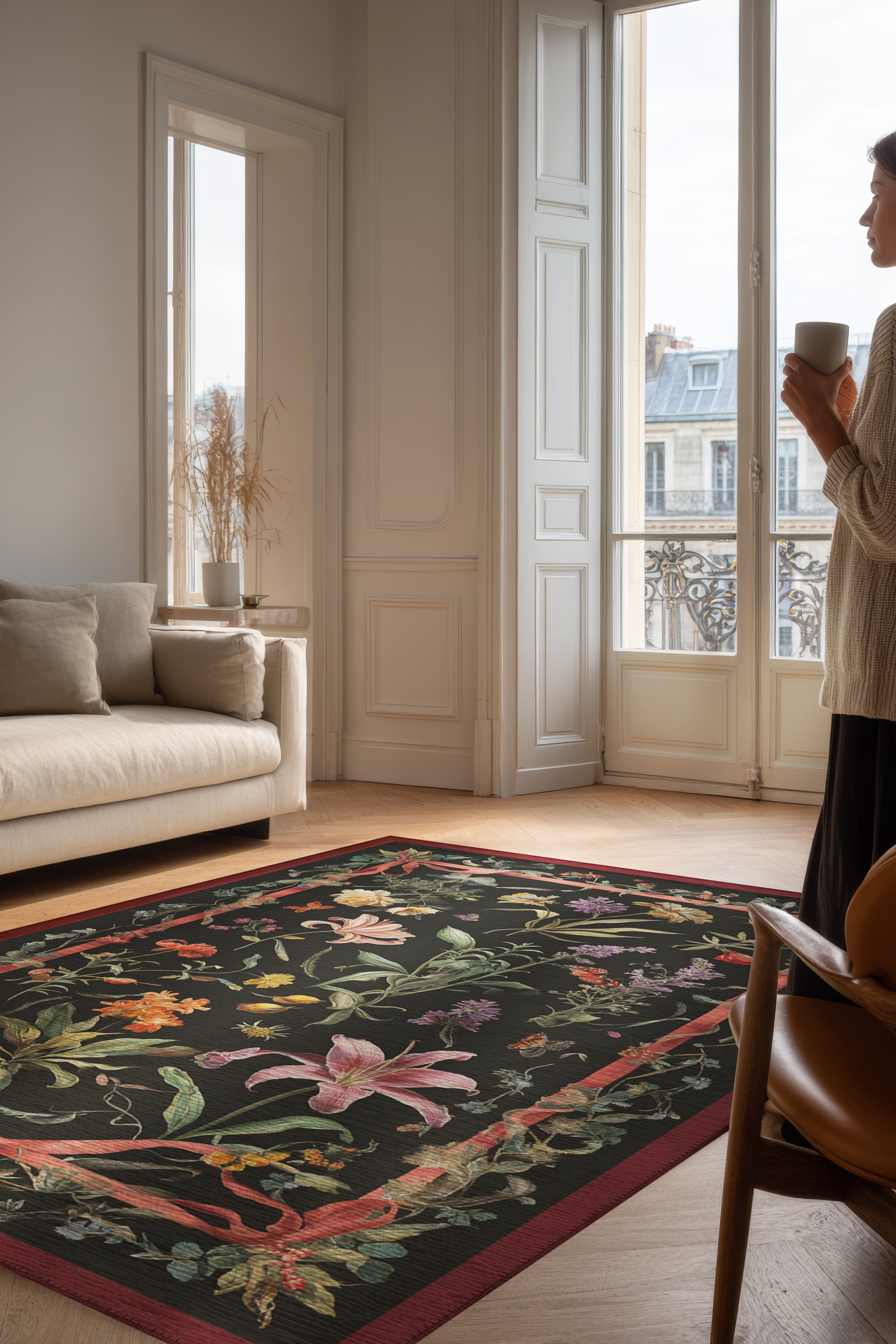 Fiora 225 Siyah Halı Çiçekli Halı Tasarım Halı Yıkanabilir İnce Dokuma Salon Ev Oturma Odası Halısı