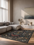 Fiora 218 Siyah Kelebekli Çiçekli Halı Tasarım Modern Oturma Odası İnce Yazlık Ev Oda Salon Halısı