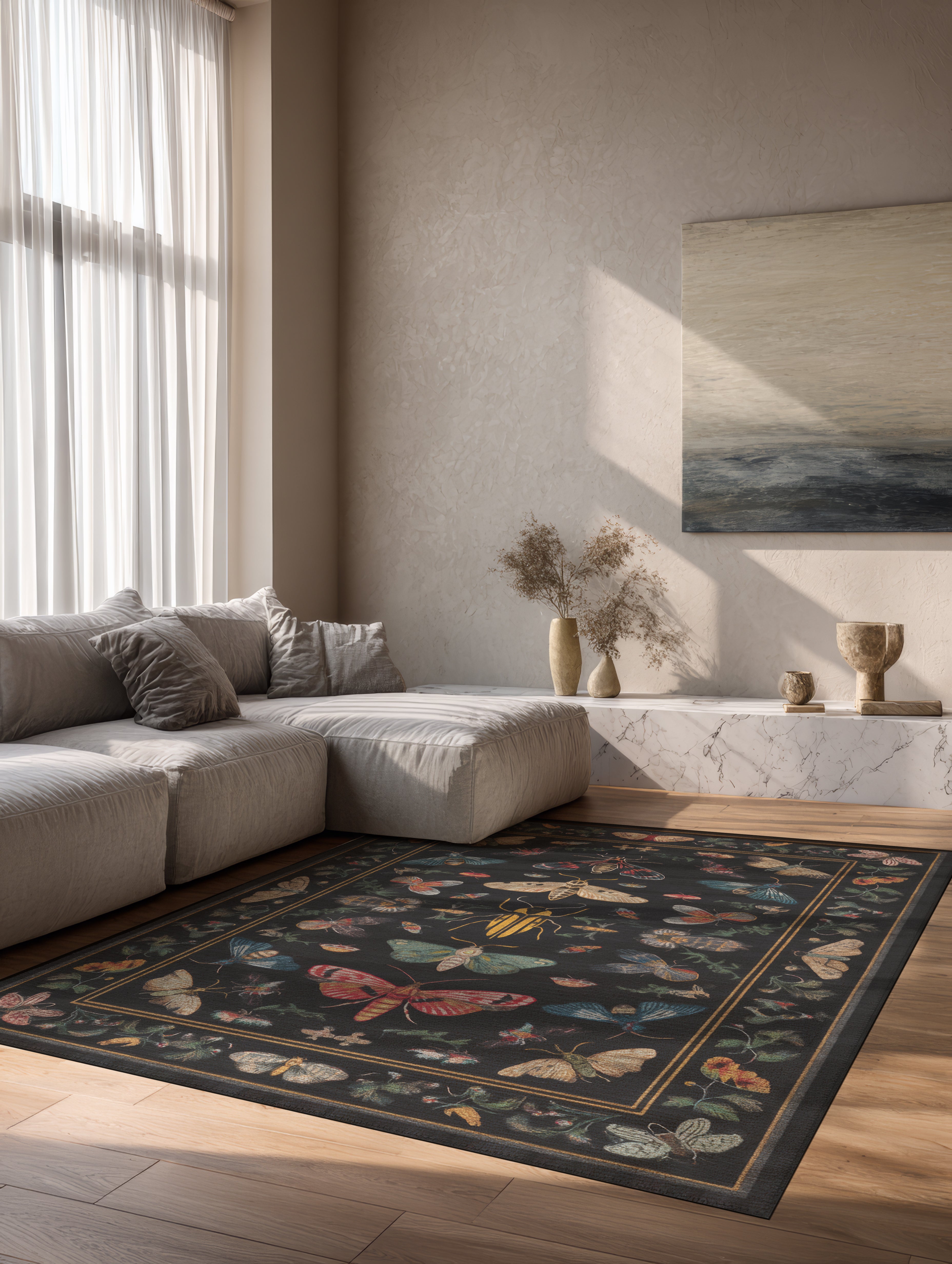 Fiora 218 Siyah Kelebekli Çiçekli Halı Tasarım Modern Oturma Odası İnce Yazlık Ev Oda Salon Halısı