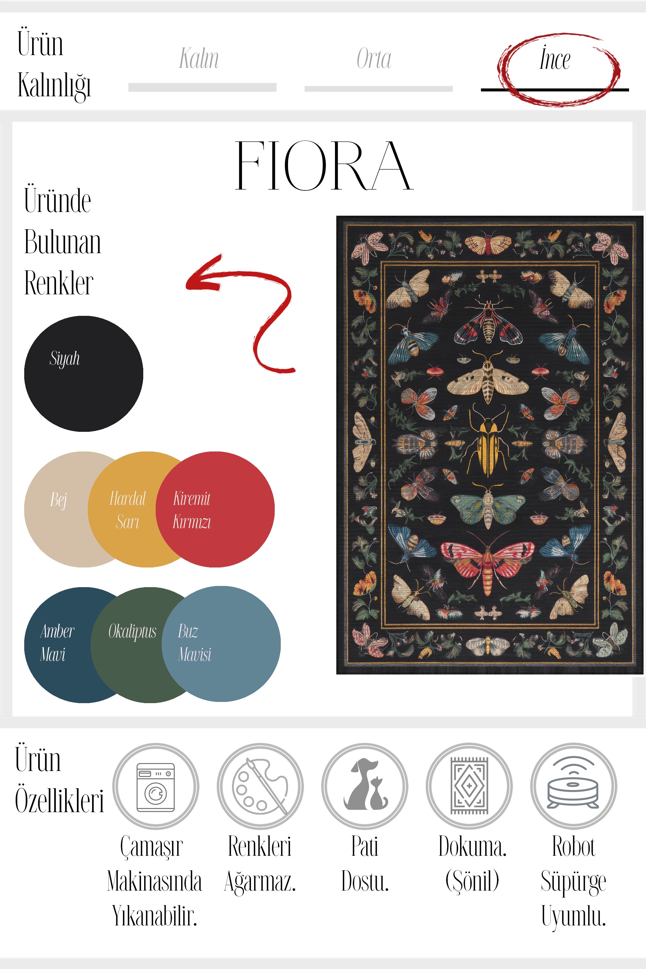 Fiora 218 Siyah Kelebekli Çiçekli Halı Tasarım Modern Oturma Odası İnce Yazlık Ev Oda Salon Halısı