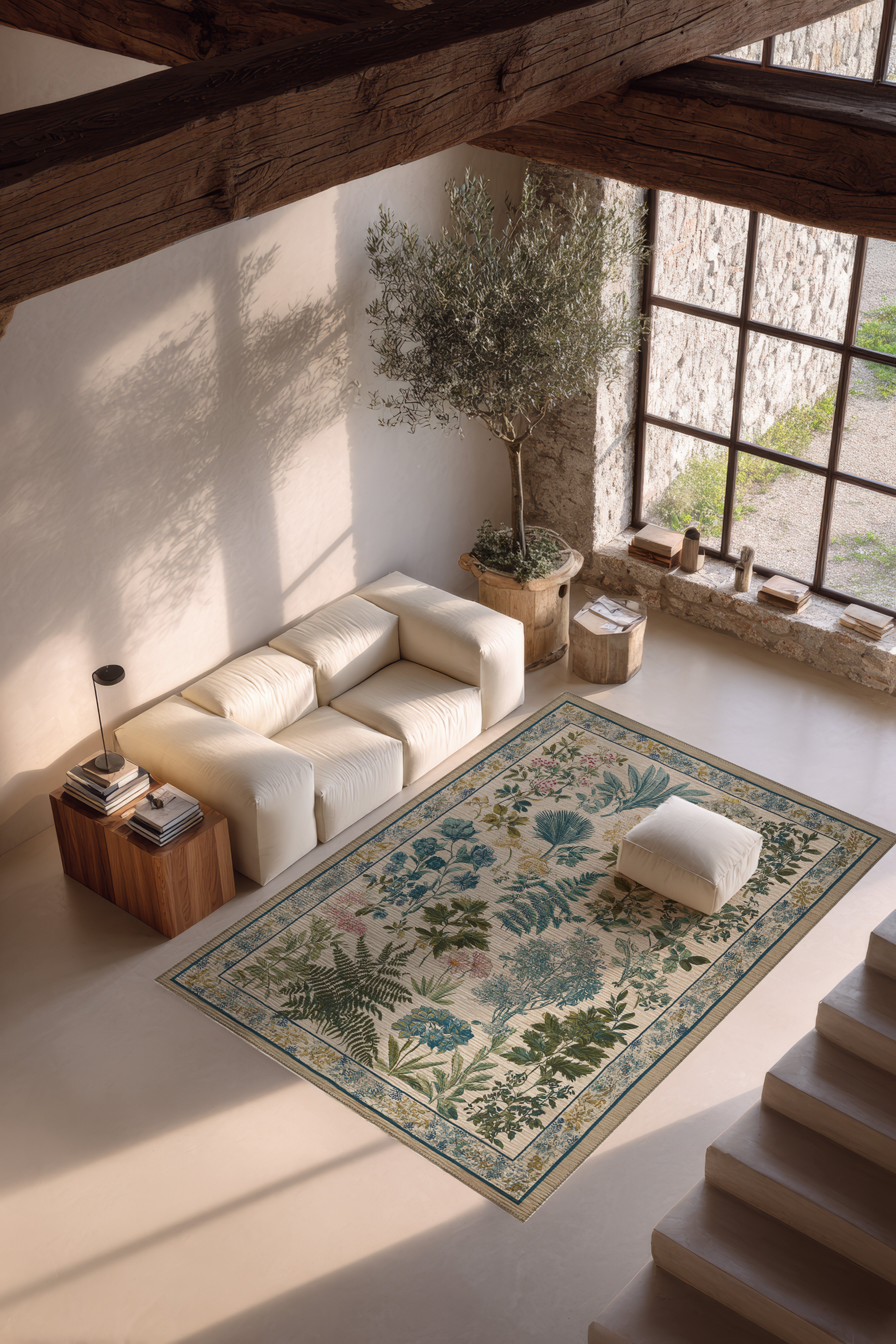 Garden 815 Bej Yeşil Botanik Çiçekli Halı Yıkanabilir İnce Dokuma Taban Salon Oturma Odası Halısı