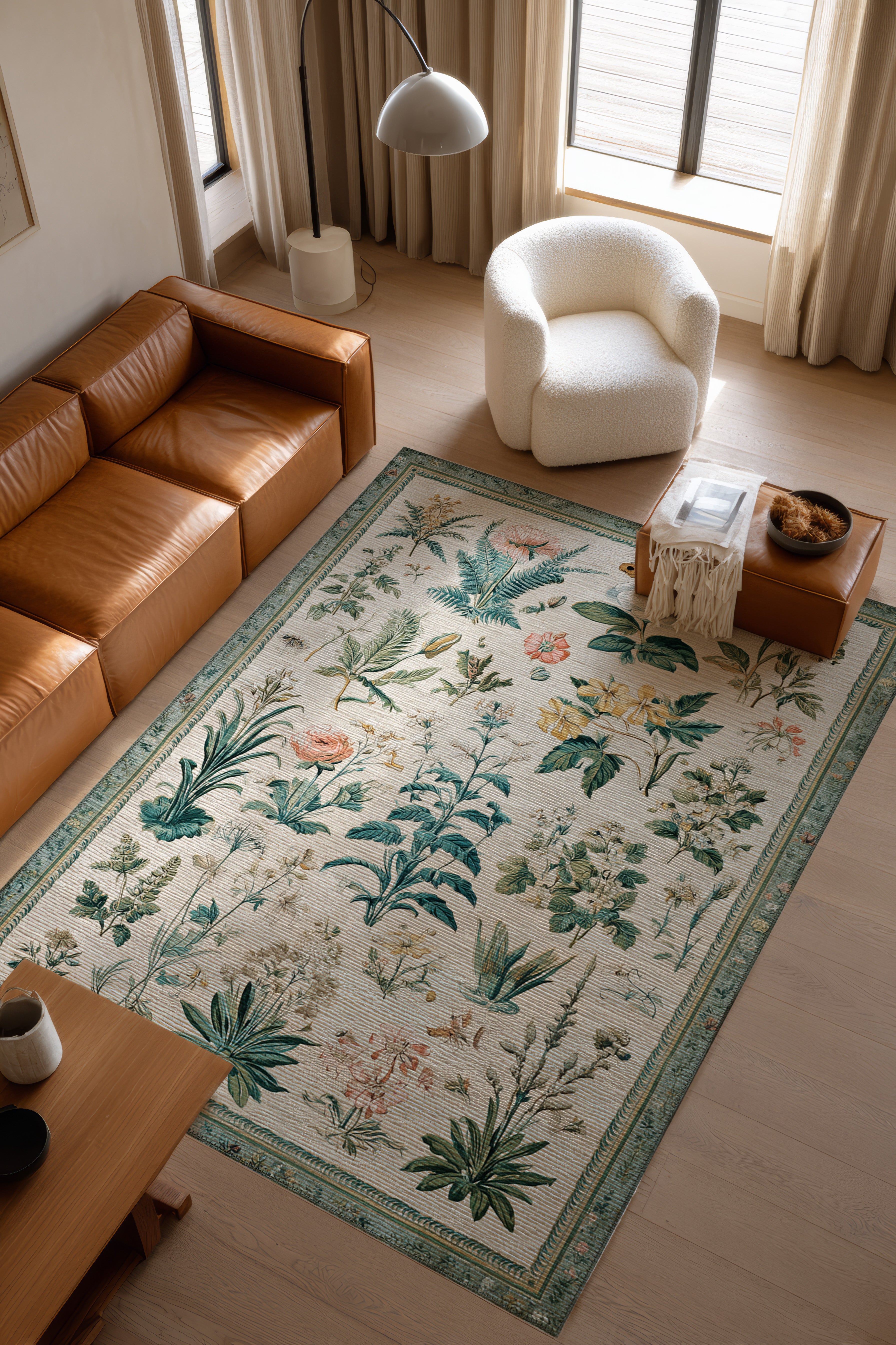 Garden 818 Bej Yeşil Botanik Çiçekli Halı Yıkanabilir İnce Dokuma Taban Salon Oturma Odası Halısı