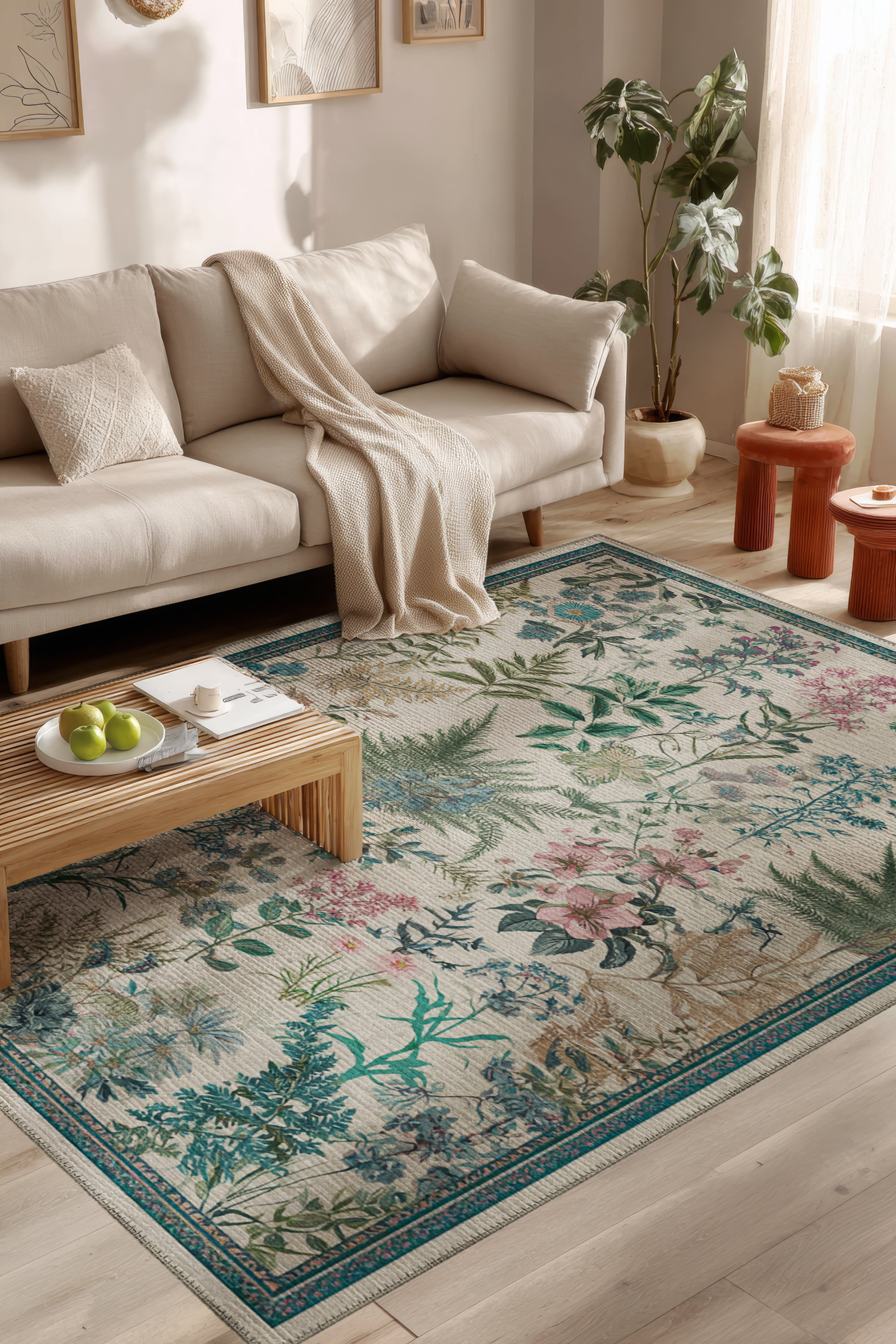 Garden 813 Bej Botanik Çiçekli Halı Yıkanabilir İnce Dokuma Taban Salon Oturma Odası Halısı