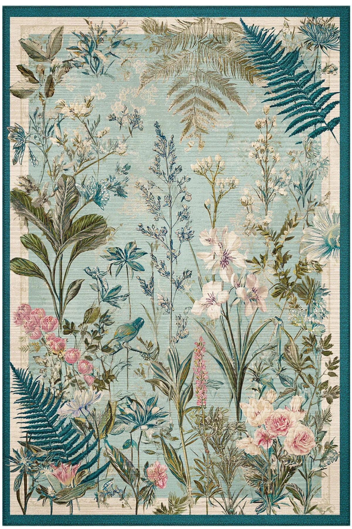 Garden 816 Mavi Yeşil Botanik Çiçekli Halı Yıkanabilir İnce Dokuma Taban Salon Oturma Odası Halısı
