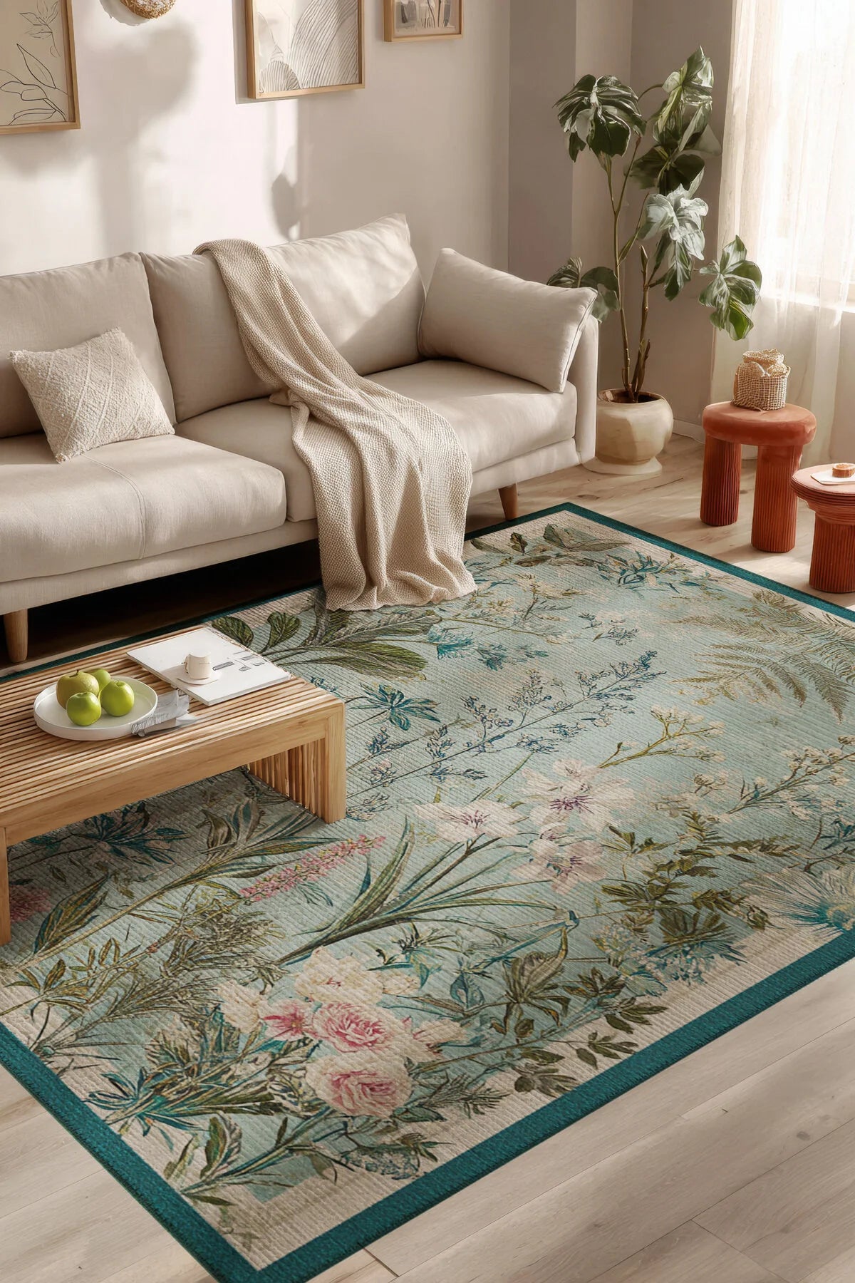 Garden 816 Mavi Yeşil Botanik Çiçekli Halı Yıkanabilir İnce Dokuma Taban Salon Oturma Odası Halısı