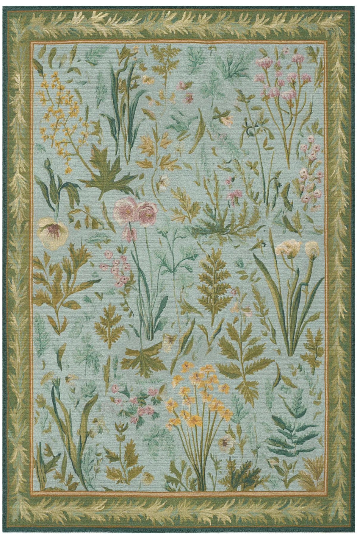 Garden 800 Yeşil Bordürlü Çiçekli Halı Tasarım Halı Yıkanabilir İnce Halı Oturma Odası Salon Halısı