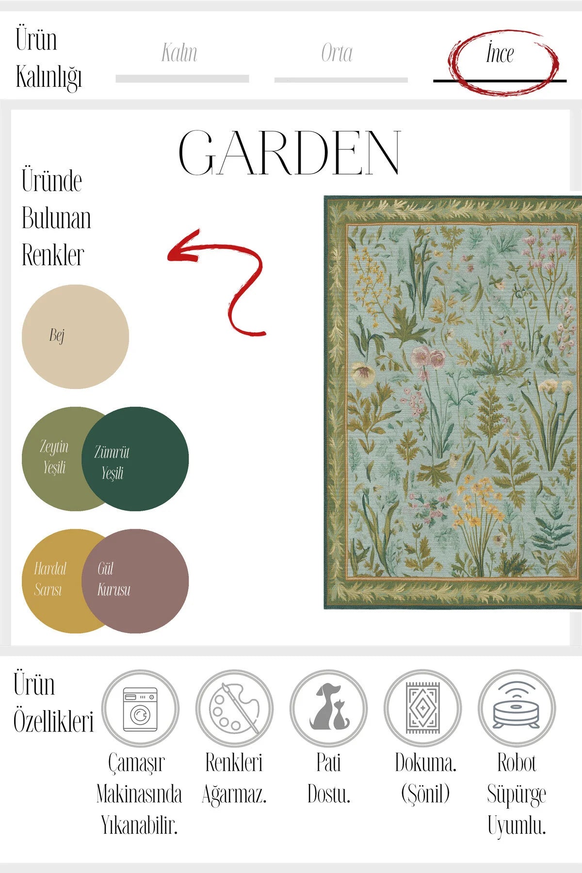 Garden 800 Yeşil Bordürlü Çiçekli Halı Tasarım Halı Yıkanabilir İnce Halı Oturma Odası Salon Halısı