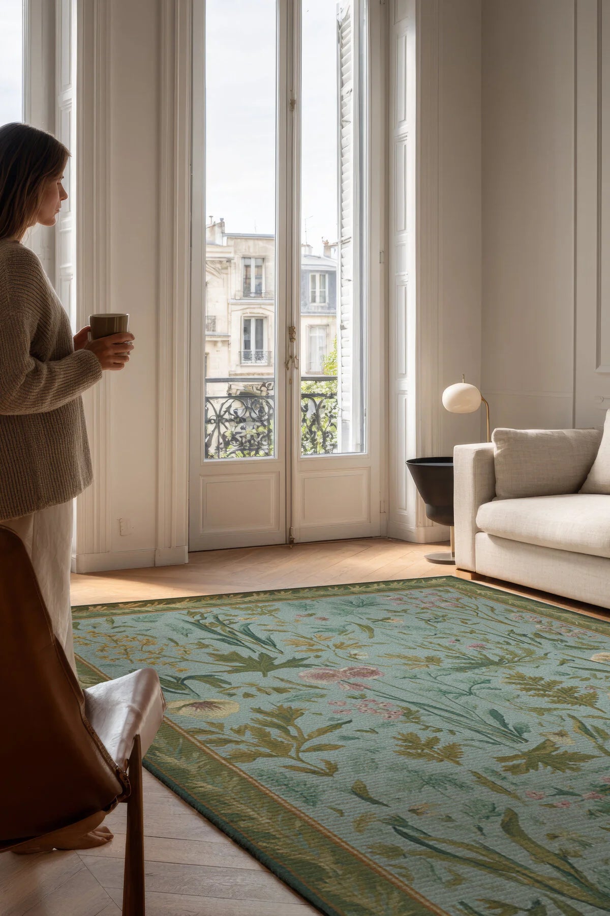 Garden 800 Yeşil Bordürlü Çiçekli Halı Tasarım Halı Yıkanabilir İnce Halı Oturma Odası Salon Halısı