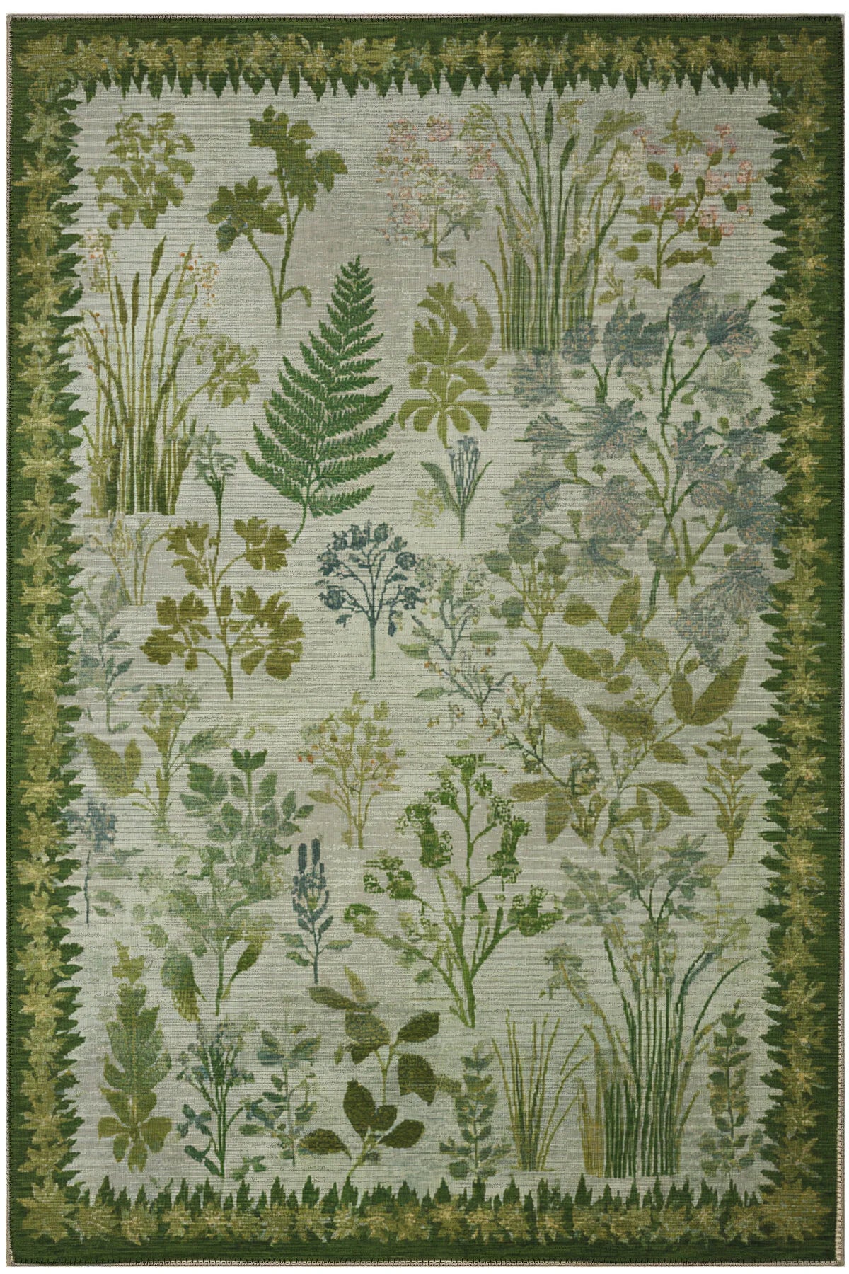 Garden 812 Yeşil Bej Botanik Çiçekli Halı Yıkanabilir İnce Dokuma Taban Salon Oturma Odası Halısı