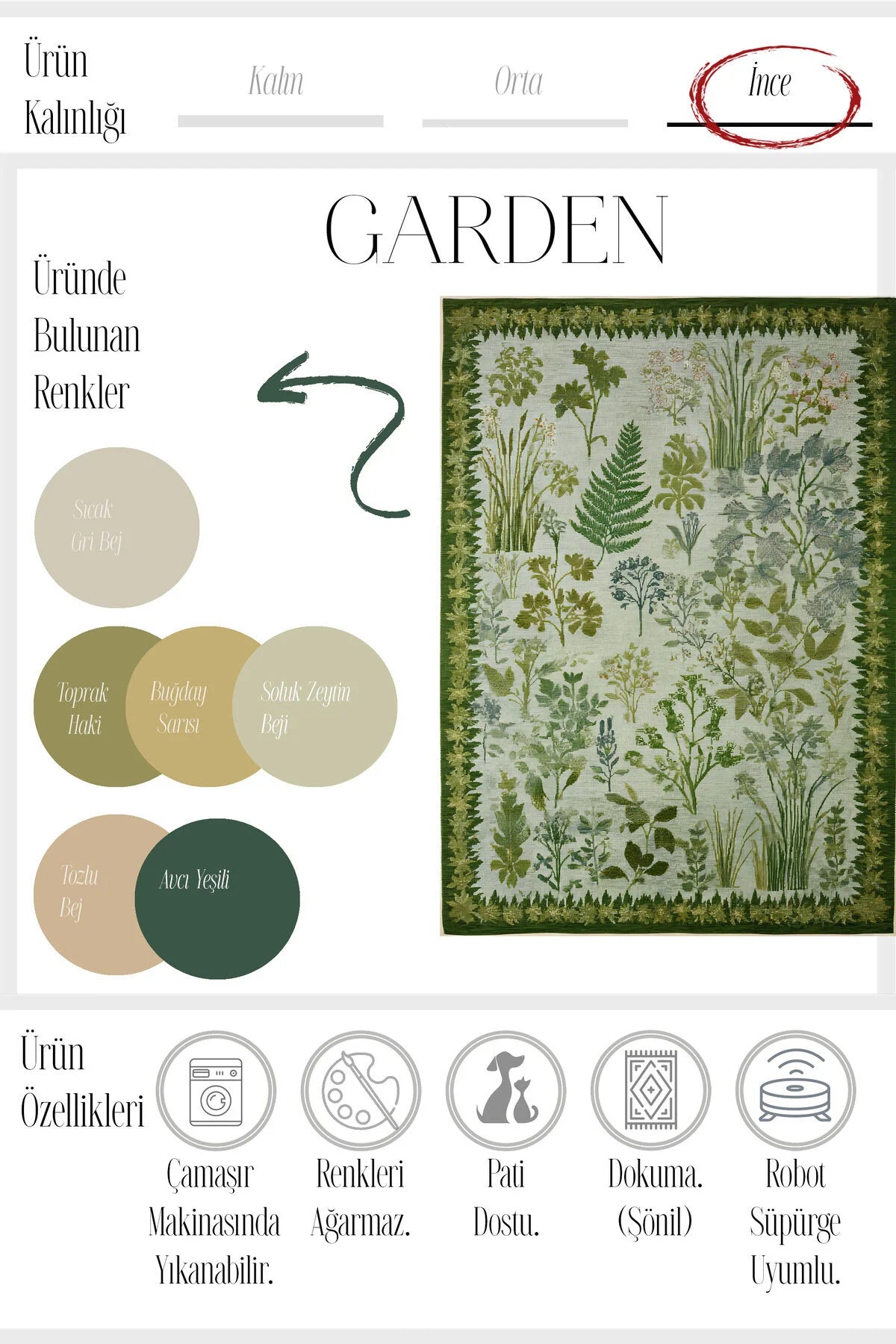 Garden 812 Yeşil Bej Botanik Çiçekli Halı Yıkanabilir İnce Dokuma Taban Salon Oturma Odası Halısı