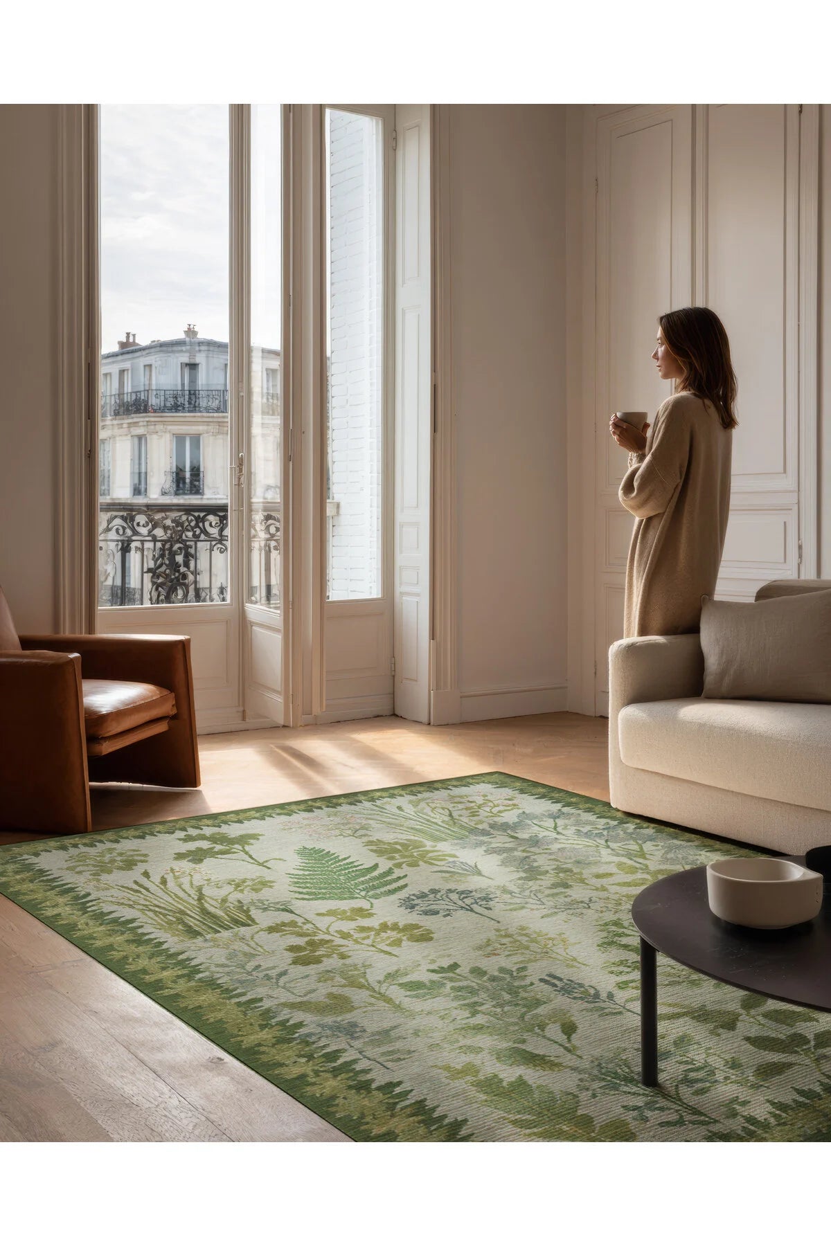 Garden 812 Yeşil Bej Botanik Çiçekli Halı Yıkanabilir İnce Dokuma Taban Salon Oturma Odası Halısı