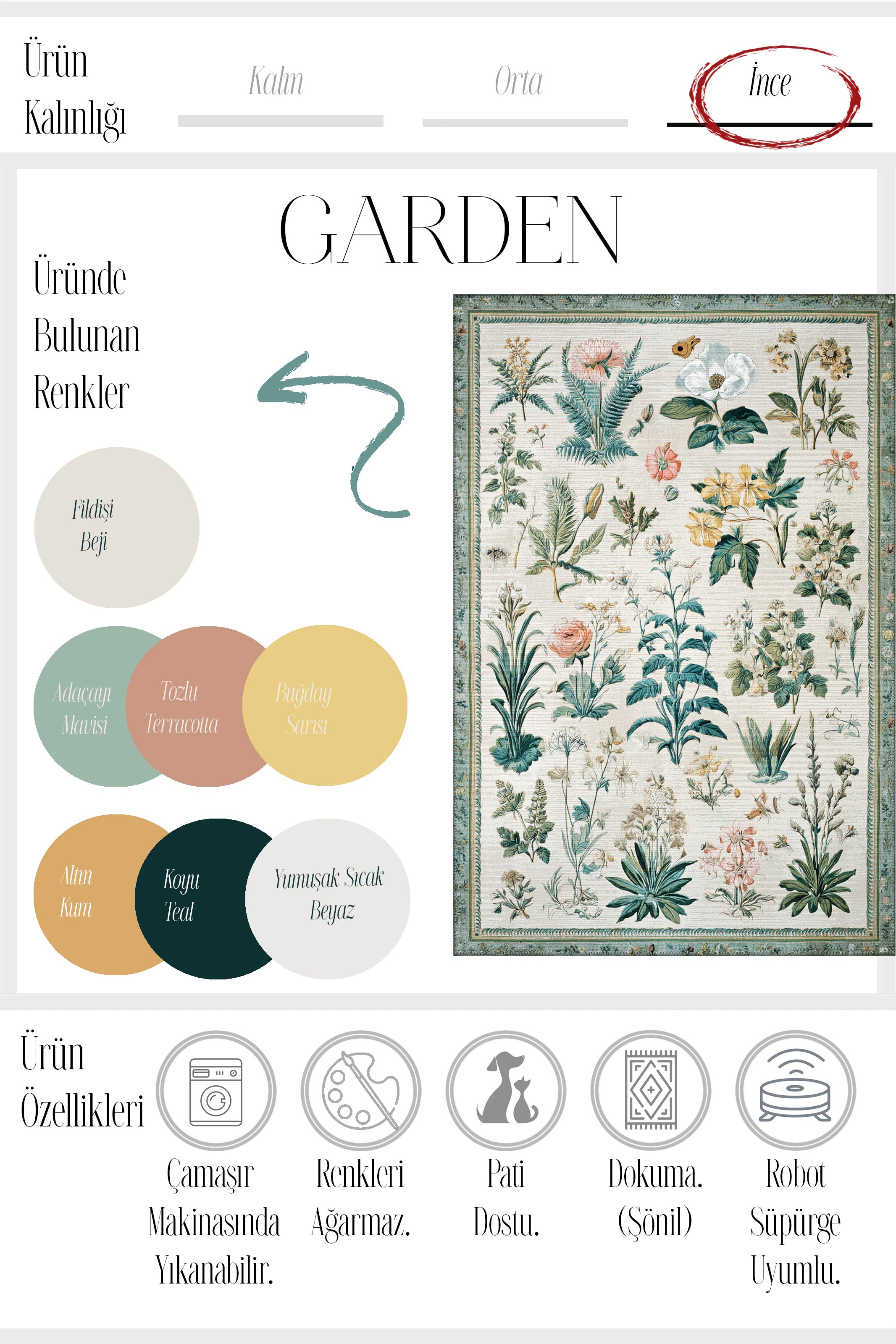 Garden 818 Bej Yeşil Botanik Çiçekli Halı Yıkanabilir İnce Dokuma Taban Salon Oturma Odası Halısı