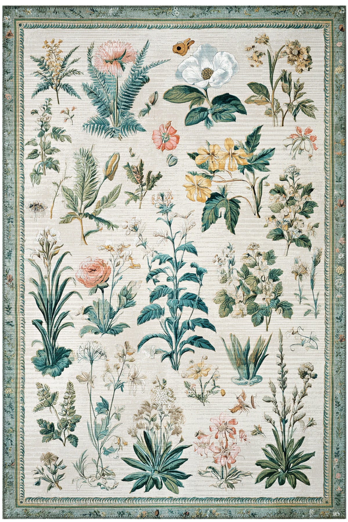 Garden 818 Bej Yeşil Botanik Çiçekli Halı Yıkanabilir İnce Dokuma Taban Salon Oturma Odası Halısı