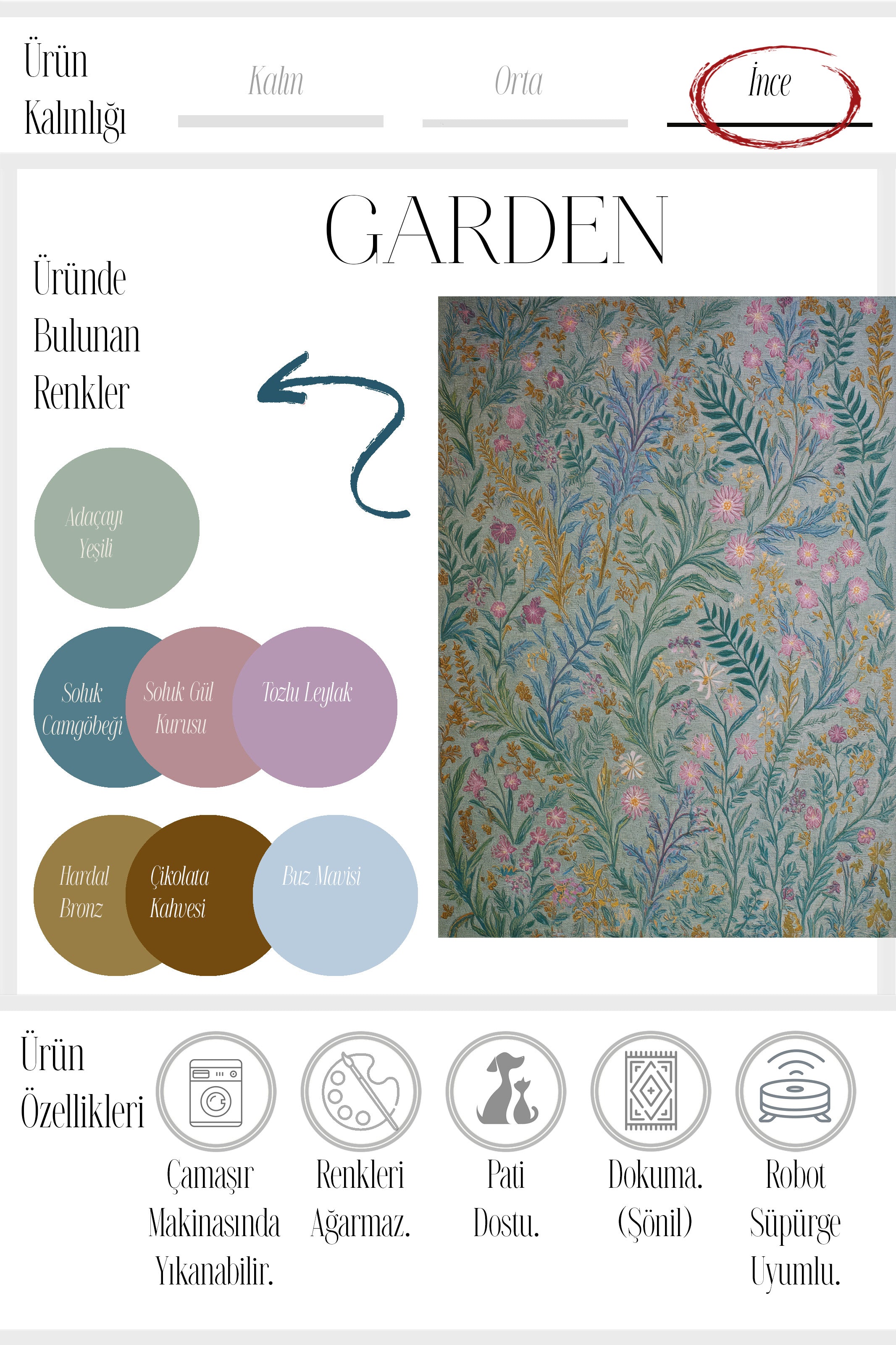 Garden 810 Yeşil Pembe Çiçekli Halı Yıkanabilir İnce Dokuma Taban Halı Salon Oturma Odası Halısı