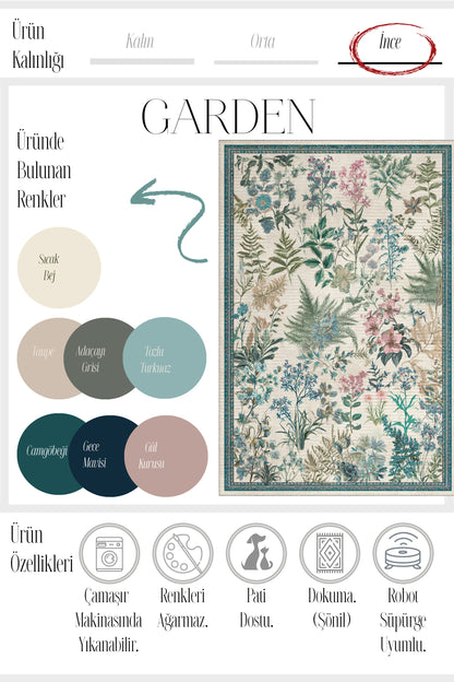 Garden 813 Bej Botanik Çiçekli Halı Yıkanabilir İnce Dokuma Taban Salon Oturma Odası Halısı