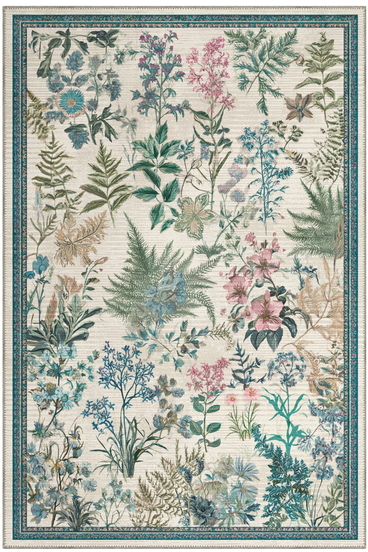 Garden 813 Bej Botanik Çiçekli Halı Yıkanabilir İnce Dokuma Taban Salon Oturma Odası Halısı