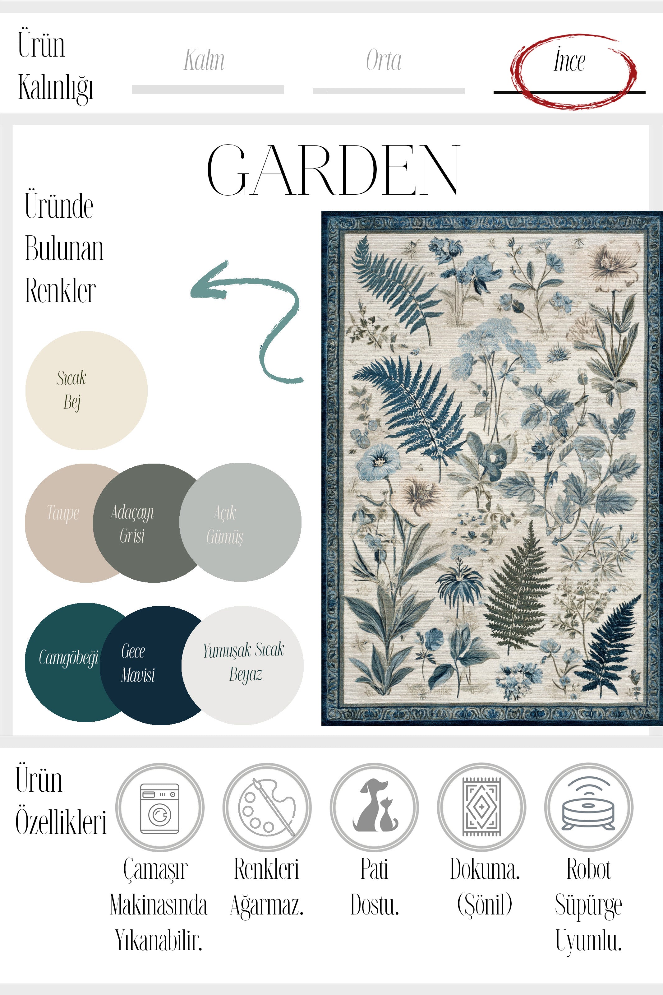 Garden 814 Bej Mavi Botanik Çiçekli Halı Yıkanabilir İnce Dokuma Taban Salon Oturma Odası Halısı