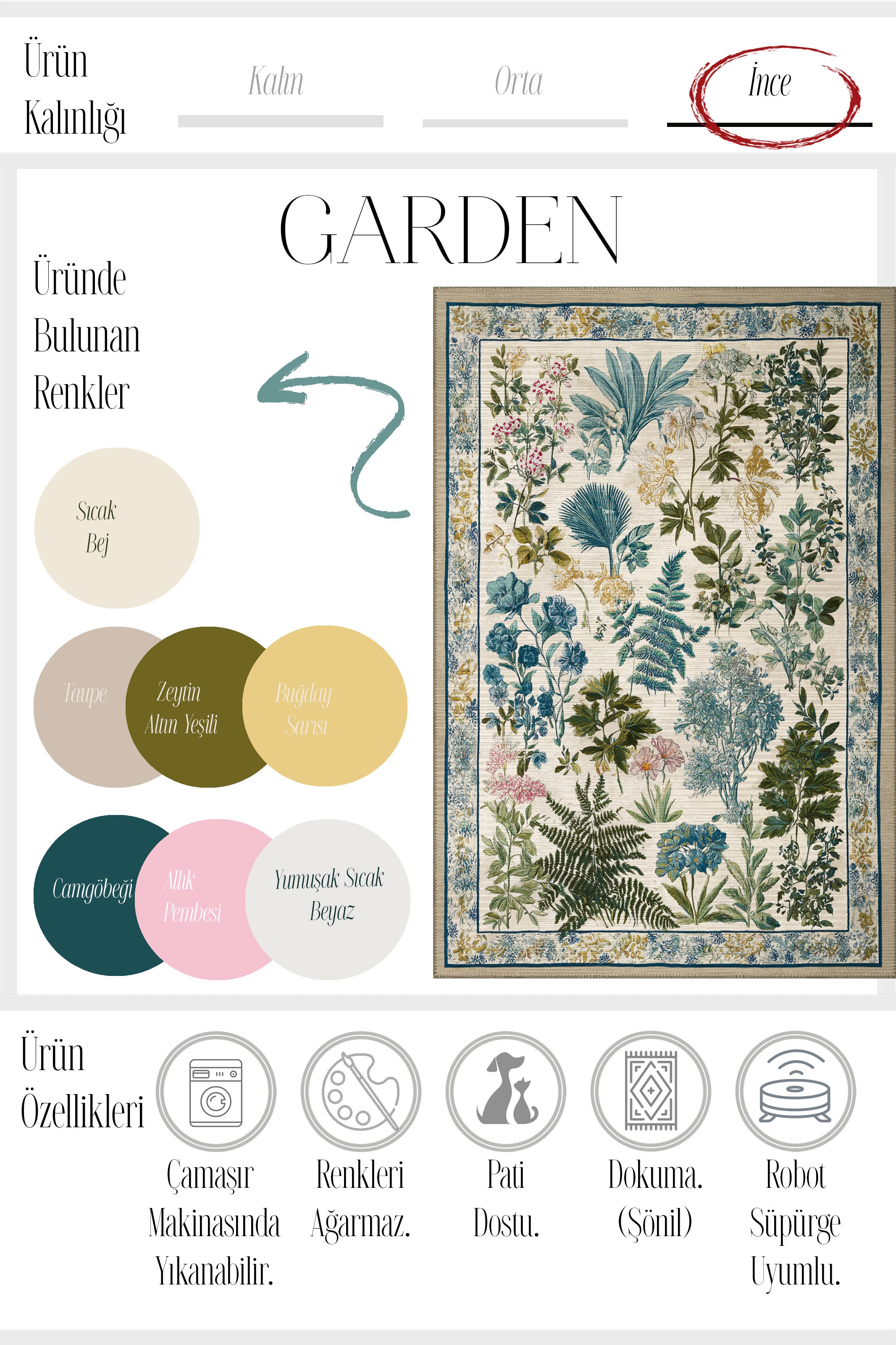 Garden 815 Bej Yeşil Botanik Çiçekli Halı Yıkanabilir İnce Dokuma Taban Salon Oturma Odası Halısı