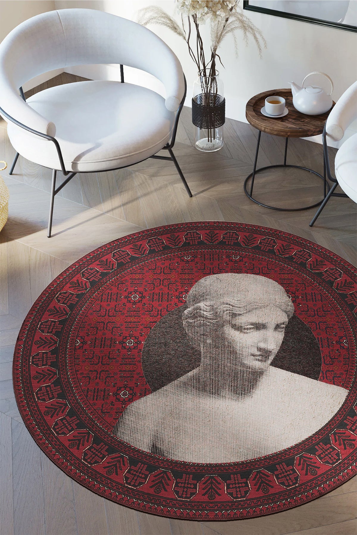 Haliç 304 Afgan Halısı Vintage Halı Heykel Figürlü Yıkanabilir Dekoratif Salon Oturma Odası Halısı