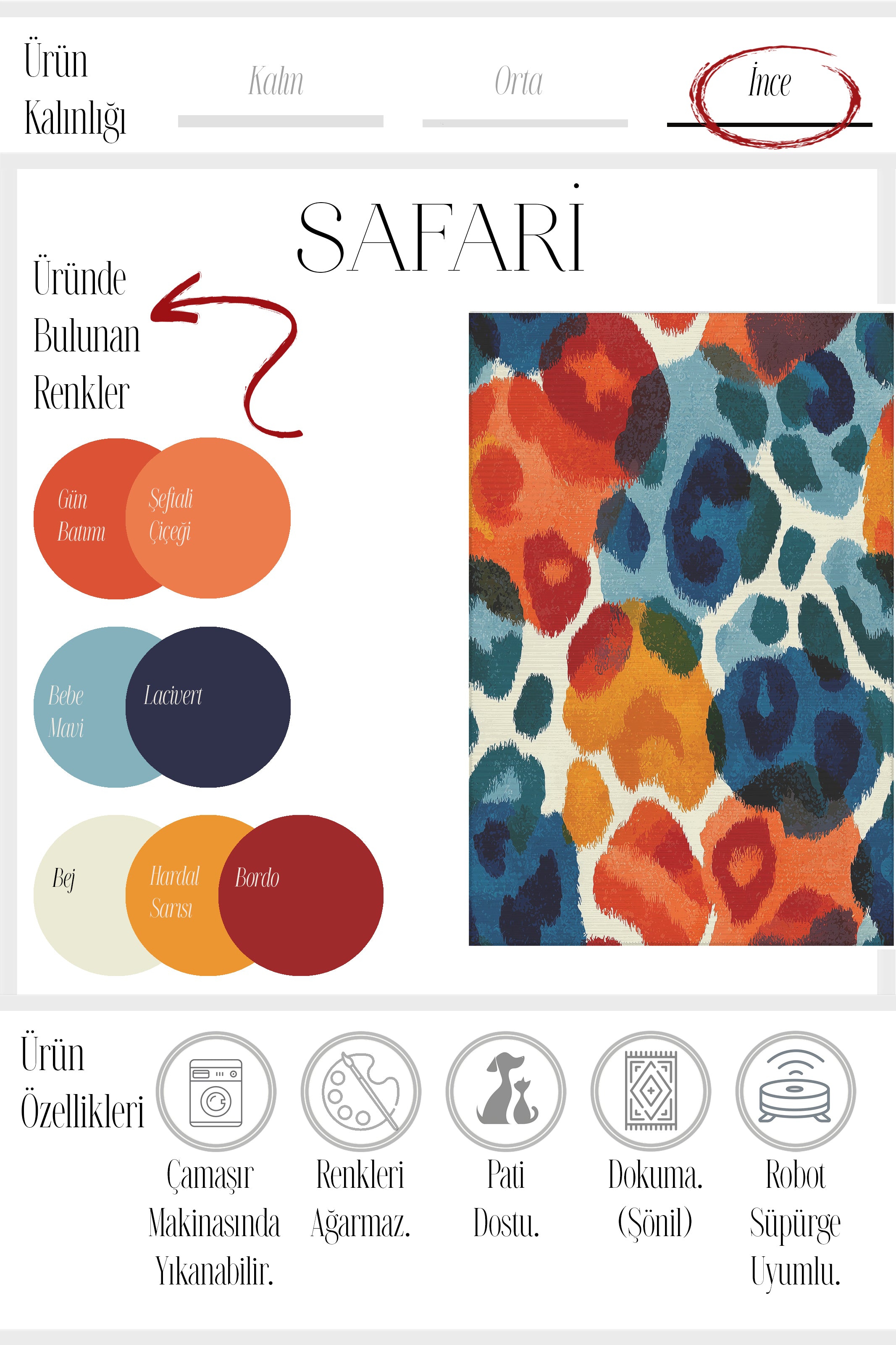 Safari 112 Renkli Leopar Desenli Halı Modern Yıkanabilir İnce Tasarım Oturma Odası Salon Halısı