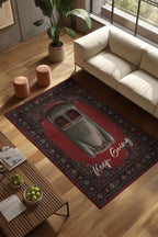 Retro 107 Kırmızı Siyah Vintage Retro Araba Figürlü Keep Going Tasarım Salon Oturma Ev Oda Halısı