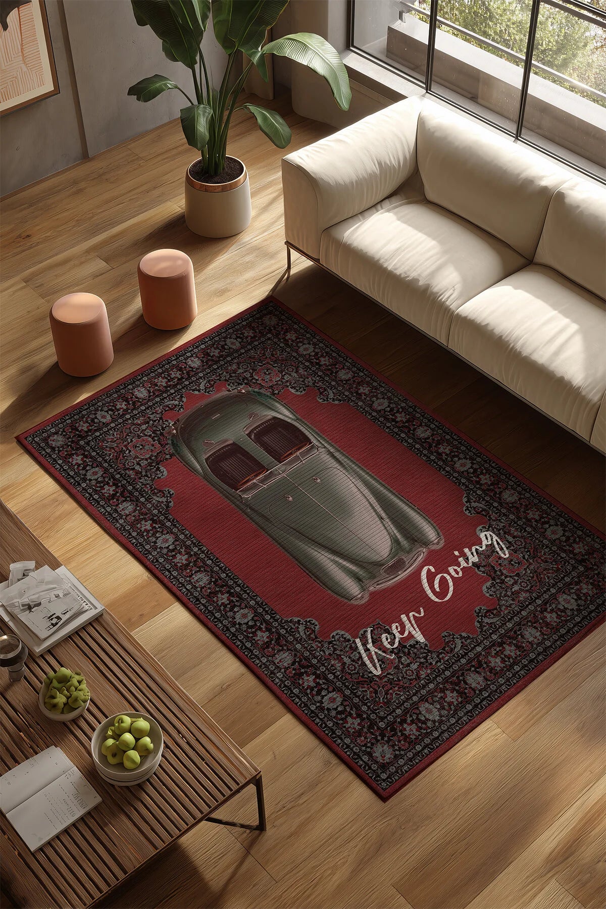 Retro 107 Kırmızı Siyah Vintage Retro Araba Figürlü Keep Going Tasarım Salon Oturma Ev Oda Halısı