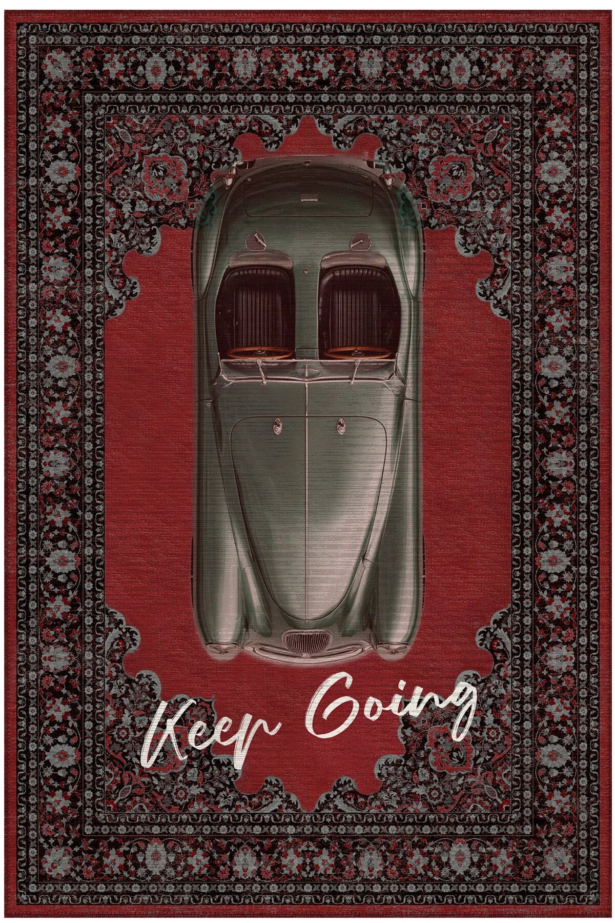 Retro 107 Kırmızı Siyah Vintage Retro Araba Figürlü Keep Going Tasarım Salon Oturma Ev Oda Halısı